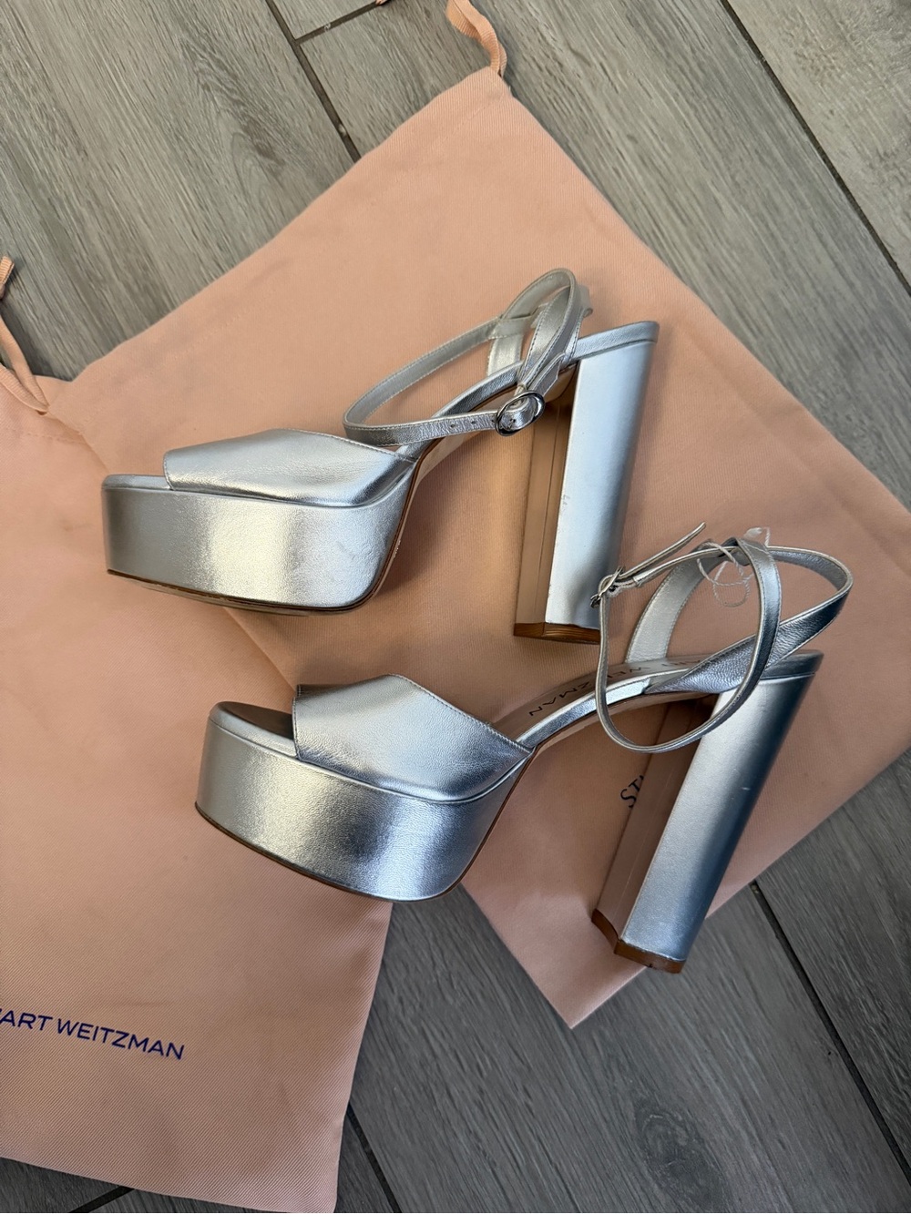 Stuart Weitzman Metallic Silver Platform Block Heel Sandals like new!!